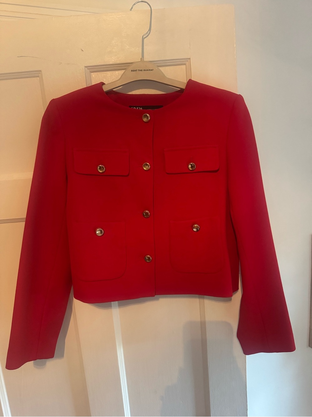 Zara Red Cropped Boxy Blazer with Gold Buttons